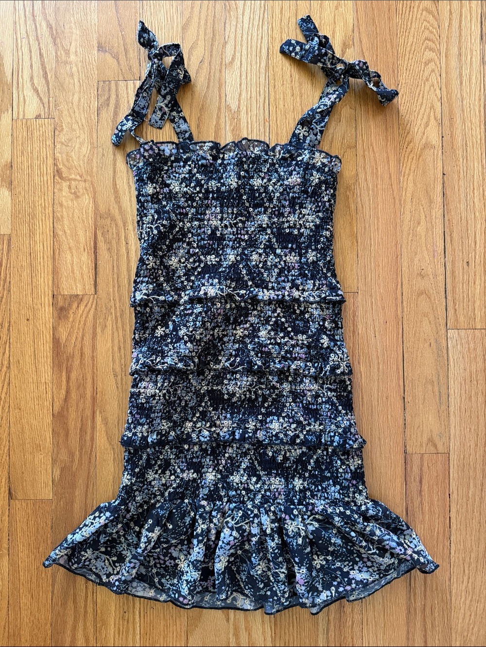 Katie J sz L kids dress black ivory blue pointelle stretch elastic ruched layers